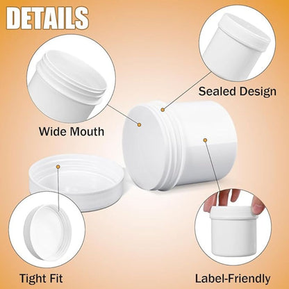 White Round Wide-Mouth Plastic Jars- 50/Pk